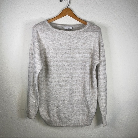 Liz claiborne oatmeal sequin striped sweater scoop neck long sleeve size medium - Picture 7 of 10